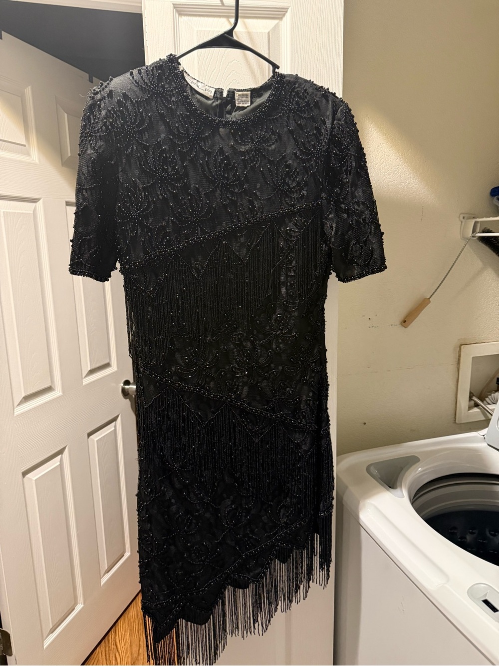 Scala Black Beaded Fringe Short-Sleeve Cocktail Dress